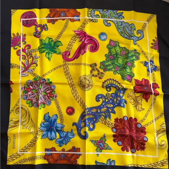 Versace Accessories - Versace Yellow Silk Scarf with Multicolor Jewel & Floral Motifs